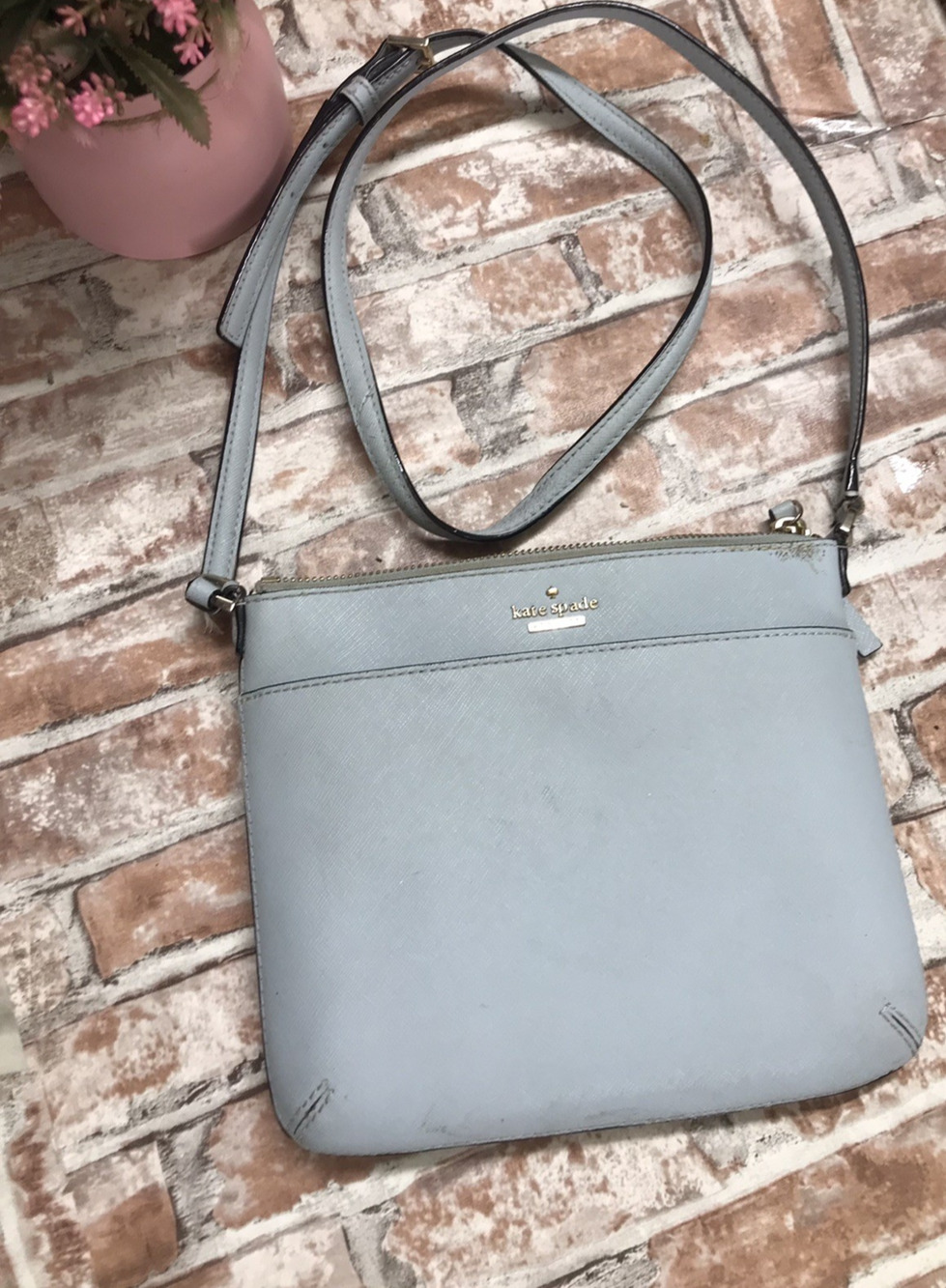 Kate Spade Purse Sky Blue Pebbled Leather Crossbody Bag Zips Detachable Straps